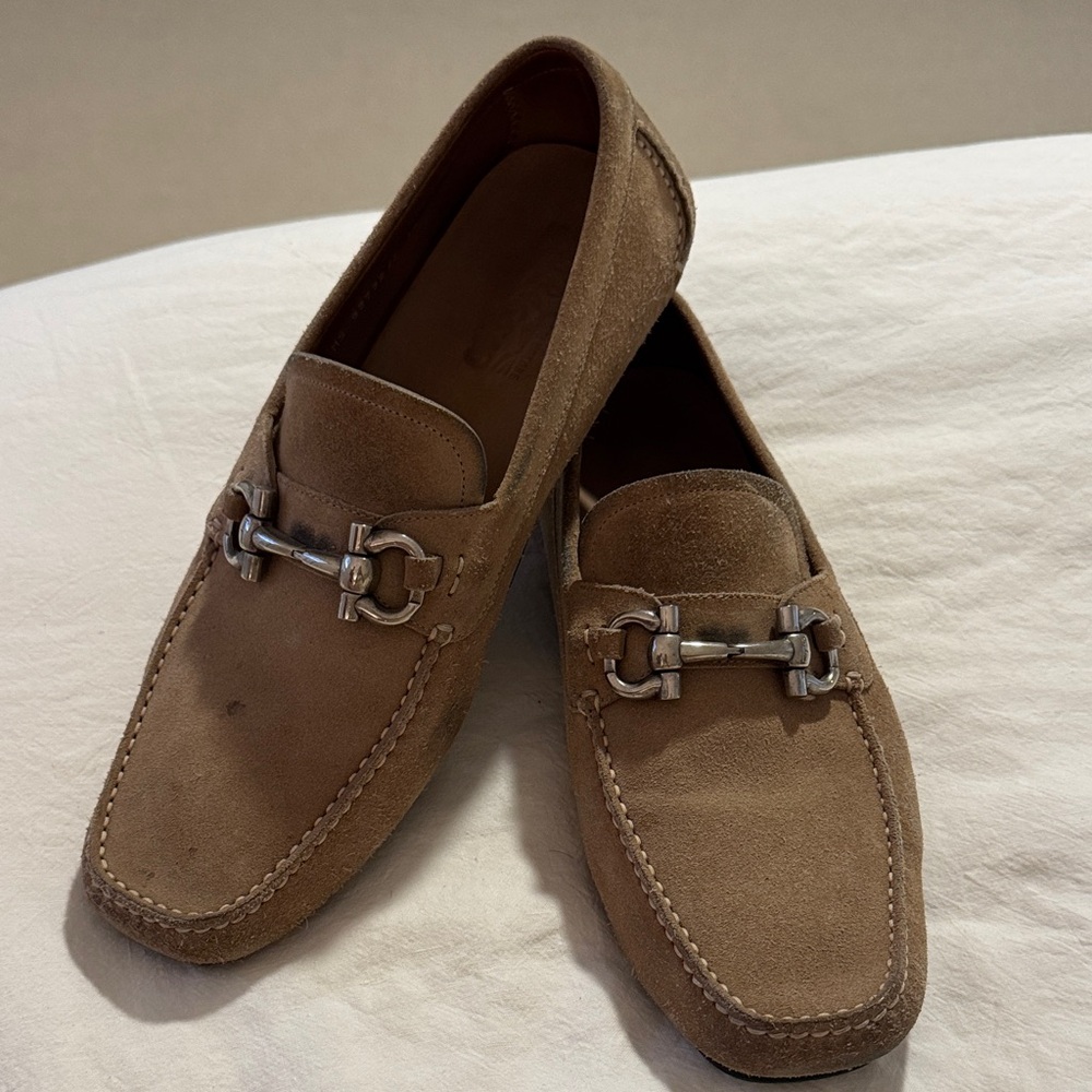 Men's Tan Ferragamo Loafers with Silver horsebit 12EU, 13 US